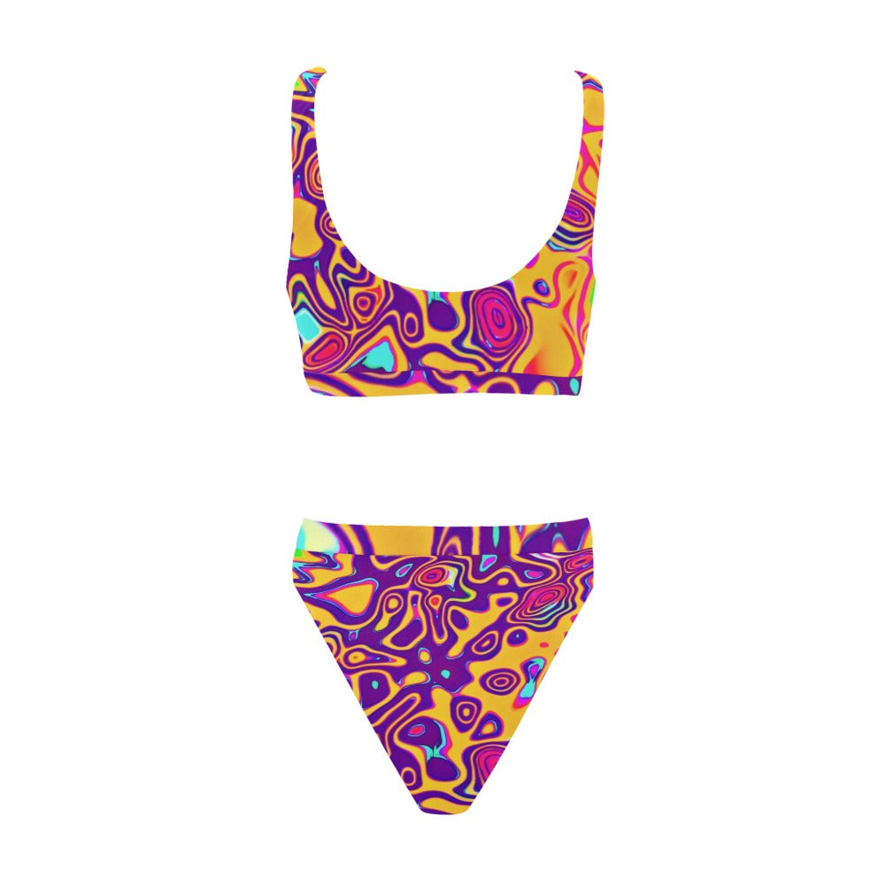 Flat layout of psychedelic bikini set: matching sports top and high-waisted bottoms