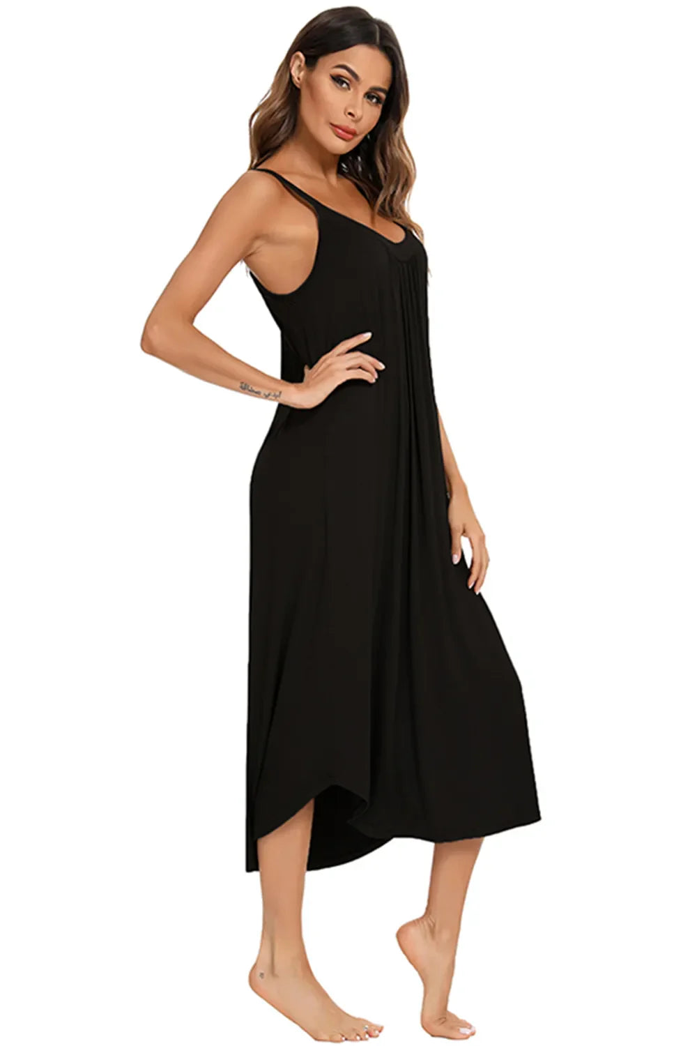 V-neck midi lounge dress, black sleeveless with gathered bust and flowing skirt