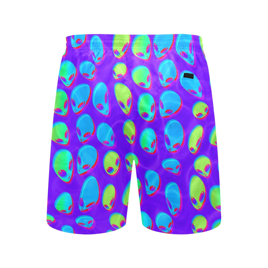 Purple alien swim shorts with colorful alien face pattern, no drawstring shown