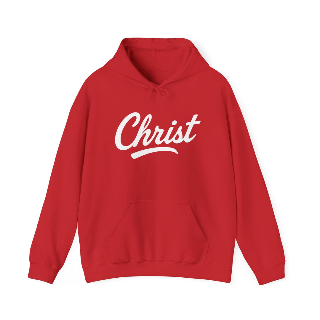 Unisex red hoodie with hood and drawstrings, white “Christ” graphic on front