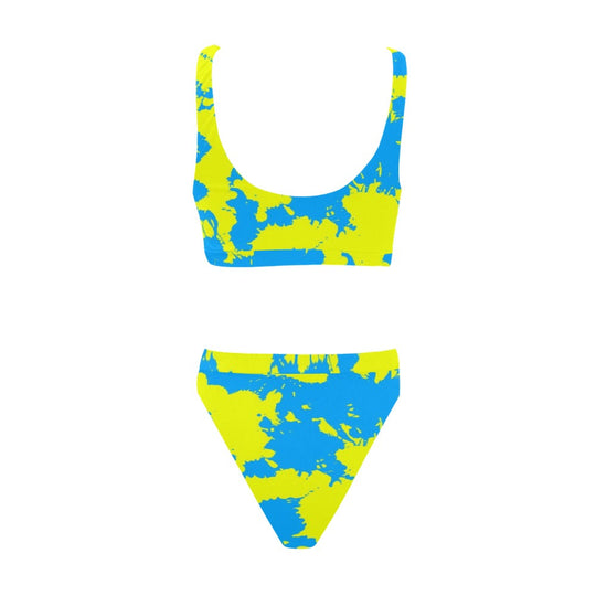 Gelb-blaues Paint-Splatter Sporttop und High-Waist Bikinihose, Vorderansicht