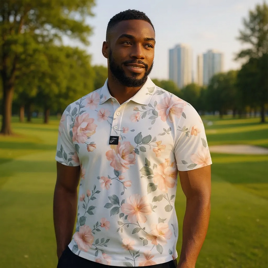 Weekend Bloom polo camisa floral de flores rosadas y follaje verde en fondo claro