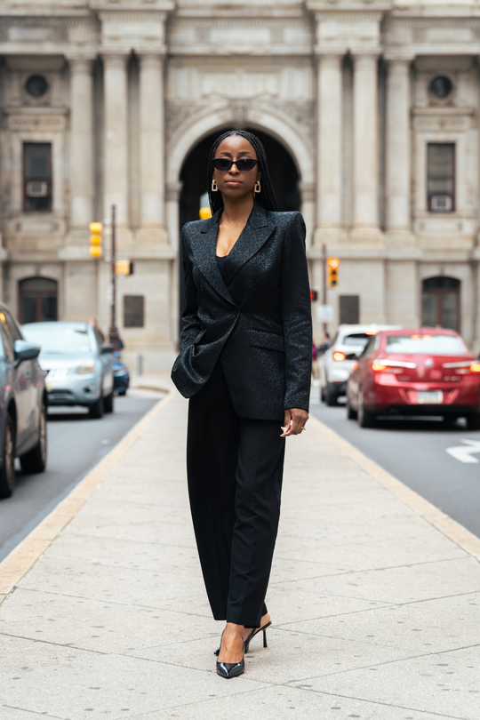 PREMIER blazer black textured, draped front and wide lapels with button detail