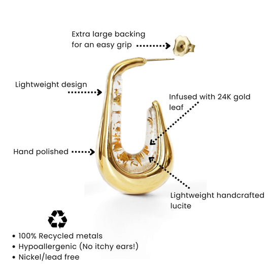 Clear gold leaf drop hoop earrings, extra-large, polished gold frame