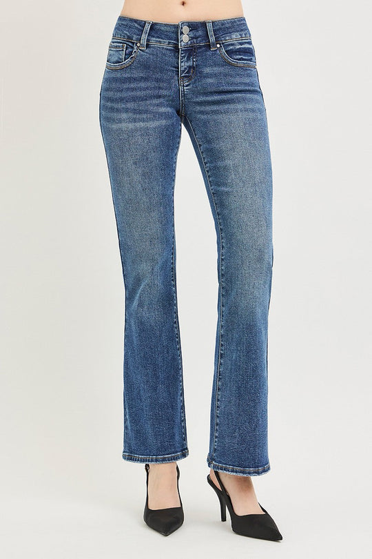 Medium wash low-rise bootcut jeans, dark seams and classic five-pocket styling