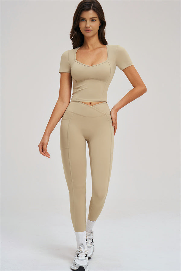 Almond 2-piece set, front view: cropped tee and ankle-length leggings