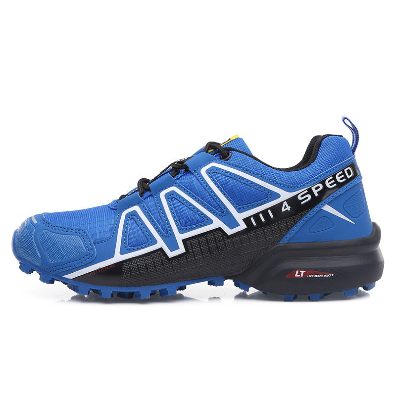 Blue trail running shoe with white stripes, black midsole, and knobby outsole.