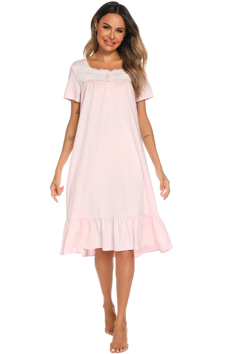 Blush Pink square-neck lounge dress with lace trim and gathered bodice