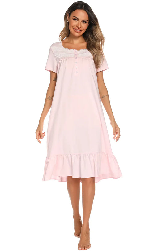 Blush Pink square-neck lounge dress with lace trim and gathered bodice