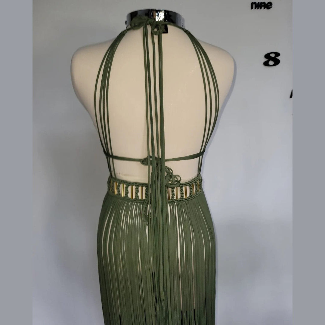 Artemis Beach Party Dress green back view: halter tie straps over open back