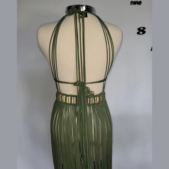Artemis Beach Party Dress green back view: halter tie straps over open back