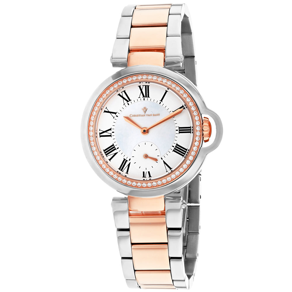 Women’s Cybele watch with silver and rose-gold bracelet, white dial, Roman numerals.
