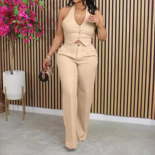 Two-piece dashiki tracksuit set: sleeveless vest and wide-leg pants, khaki
