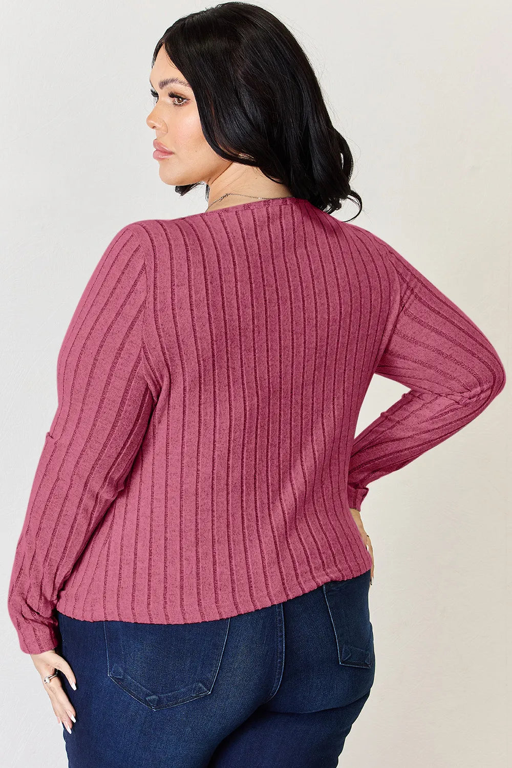 Hot Pink ribbed knit long-sleeve T-shirt, back view with scooped neckline