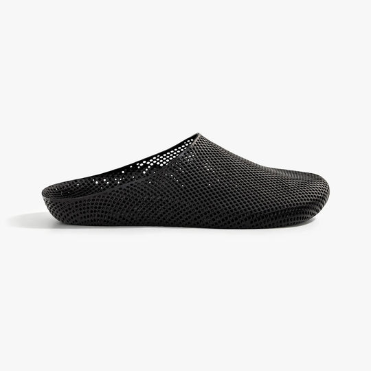 Black 3D printed slip-on slippers with textured mesh upper and rounded toe sole.