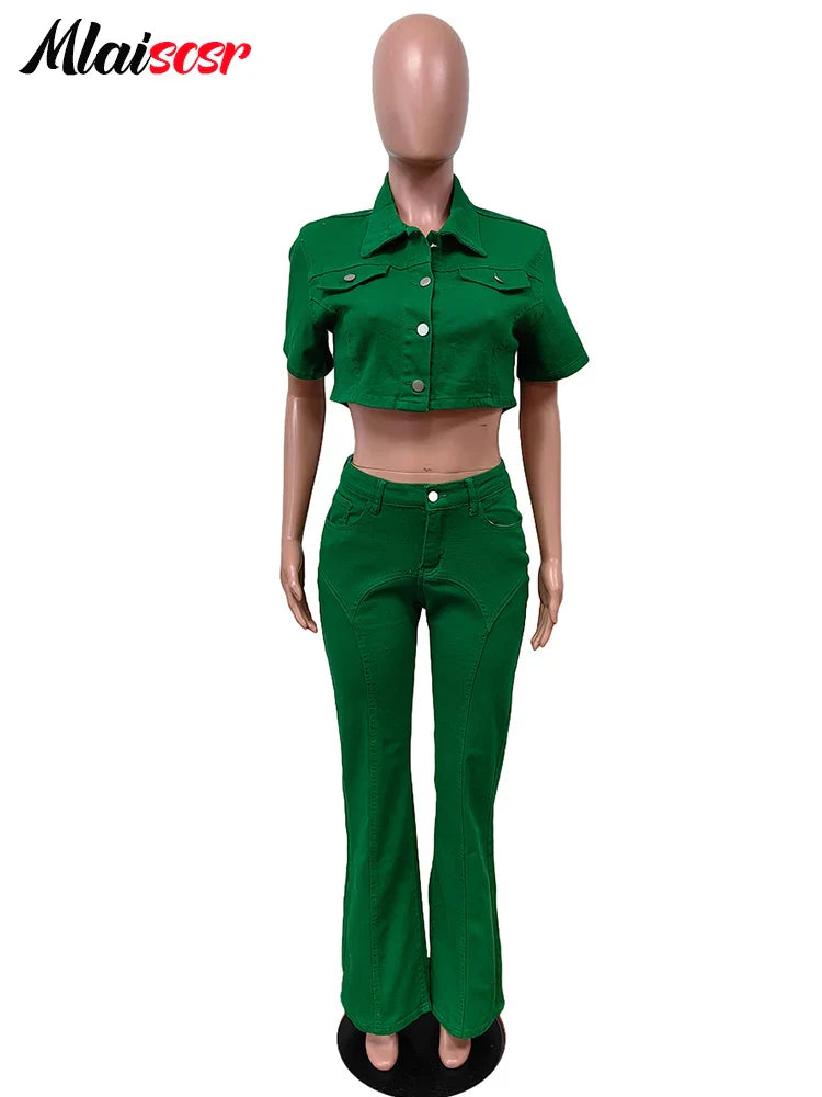 Purplish Diva conjunto vaquero verde: top corto con botones y pantalón acampanado