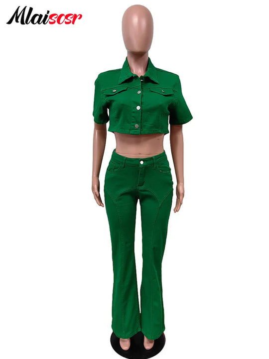 Purplish Diva conjunto vaquero verde: top corto con botones y pantalón acampanado