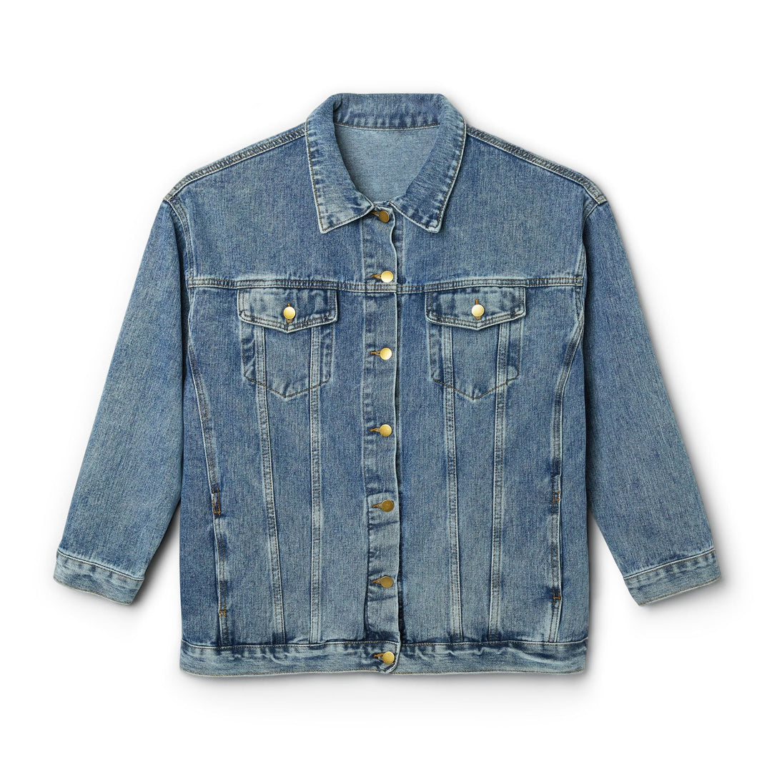 Medium-wash oversized denim jacket front with button placket and two chest pockets.