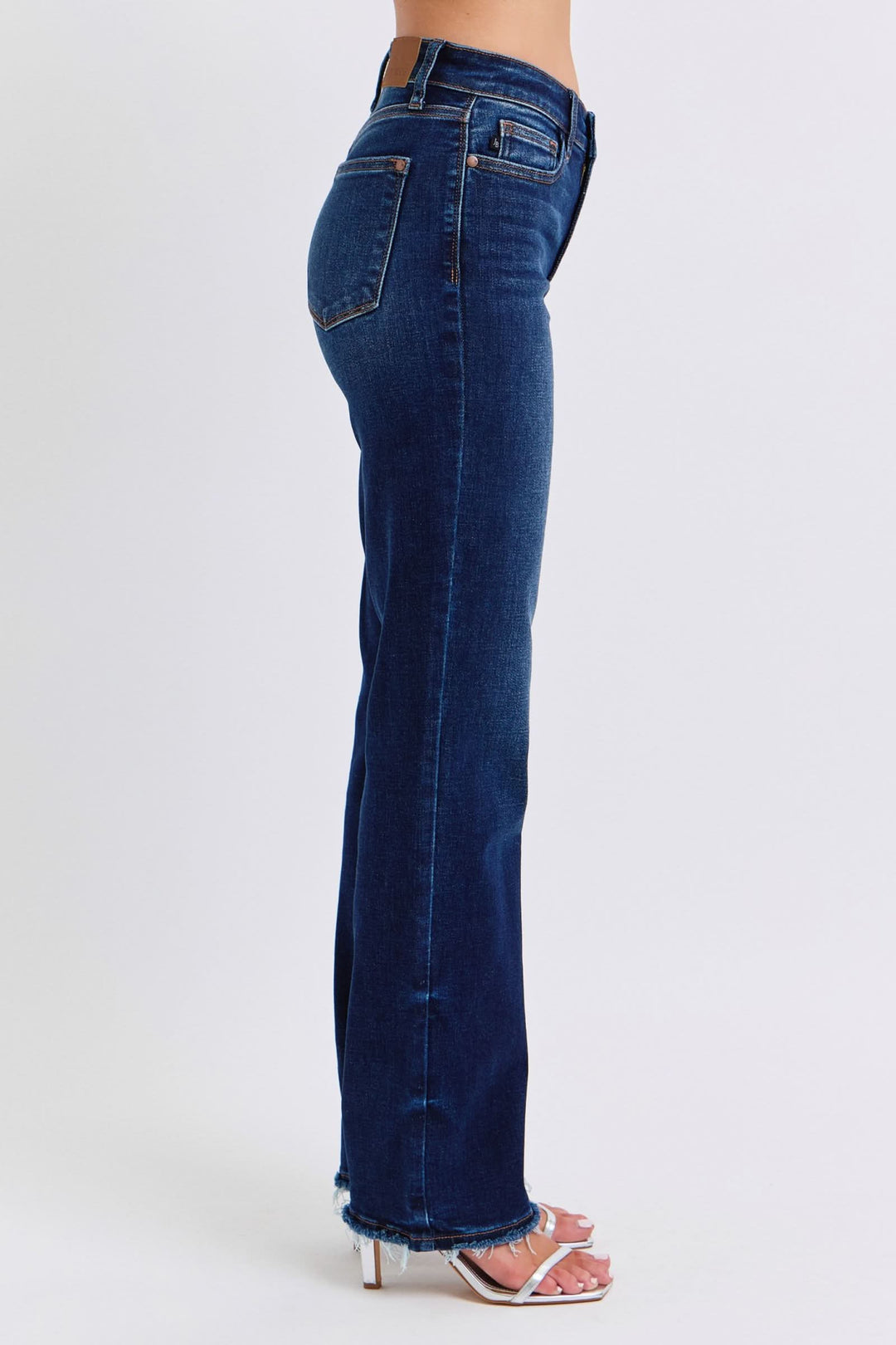 Judy Blue Dark jeans side profile, straight leg fit with raw hem and belt loops