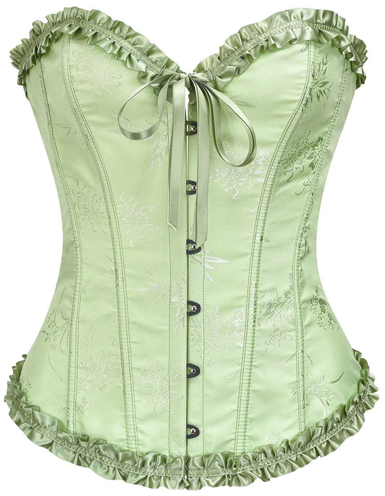 Mint green corset top with sweetheart neckline, bow front, hook-and-eye closure, ruffles