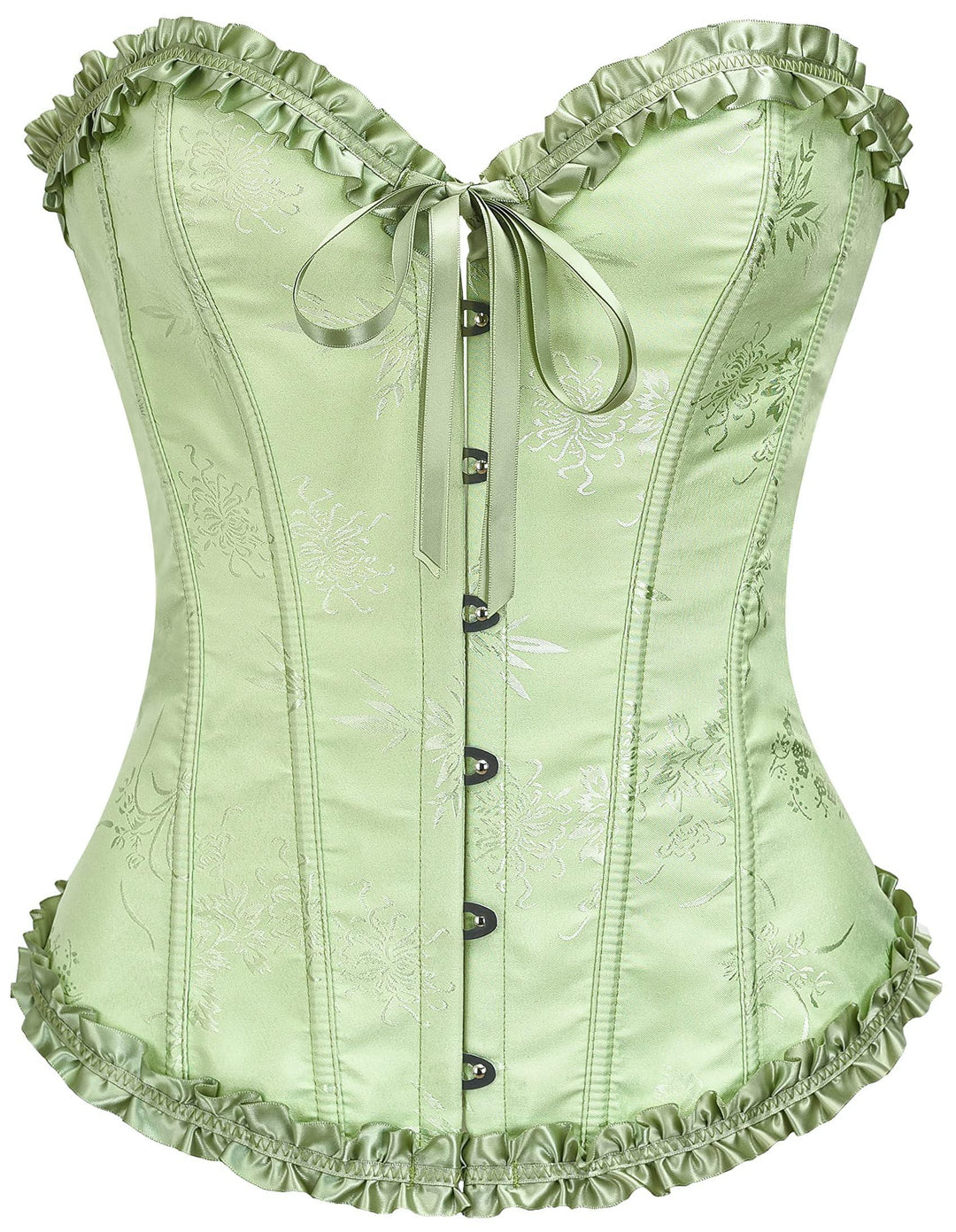 Light green corset top with front buttons, satin bow ties, ruffled neckline and hem