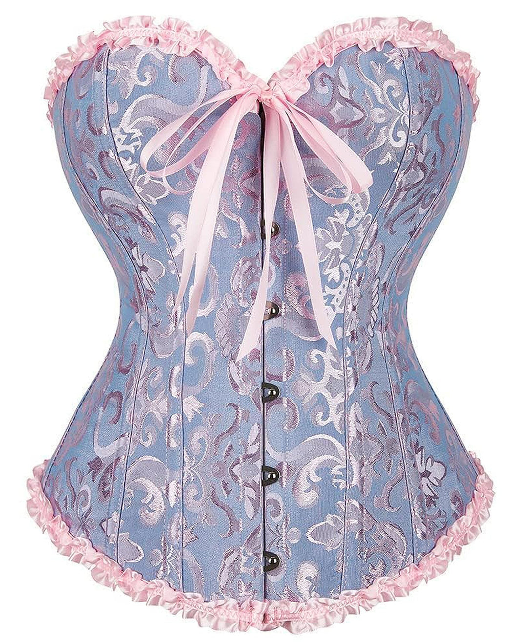 Lavender corset bustier top with bow front, lace trim edges, hook-and-eye closure