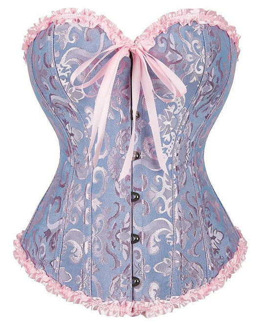 Lavender corset bustier top with bow front, lace trim edges, hook-and-eye closure