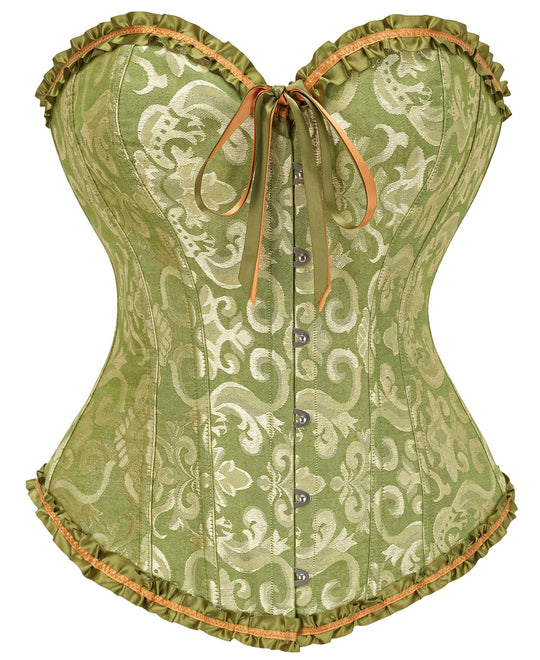 Green brocade corset top with sweetheart neckline, ruffled edges, lace-up button front