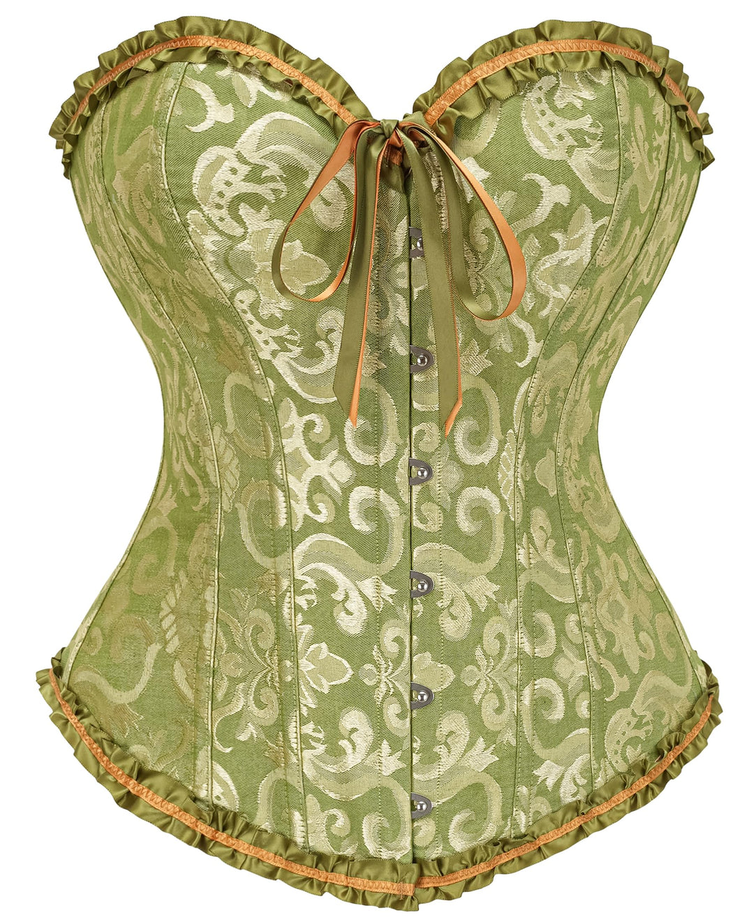 Olive green corset top with front buttons, contrast orange piping and ruffled trim