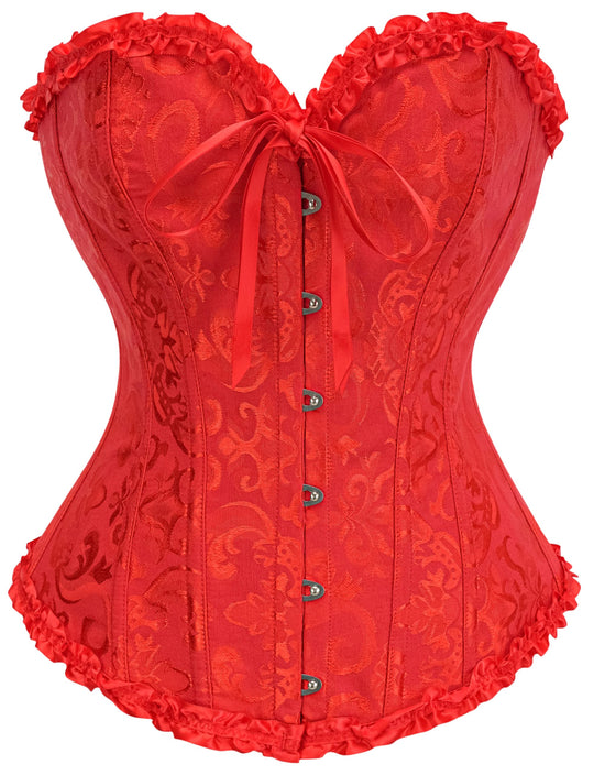 Bright red corset top with sweetheart neckline, bow ties, hook-and-eye closure, ruffle trim