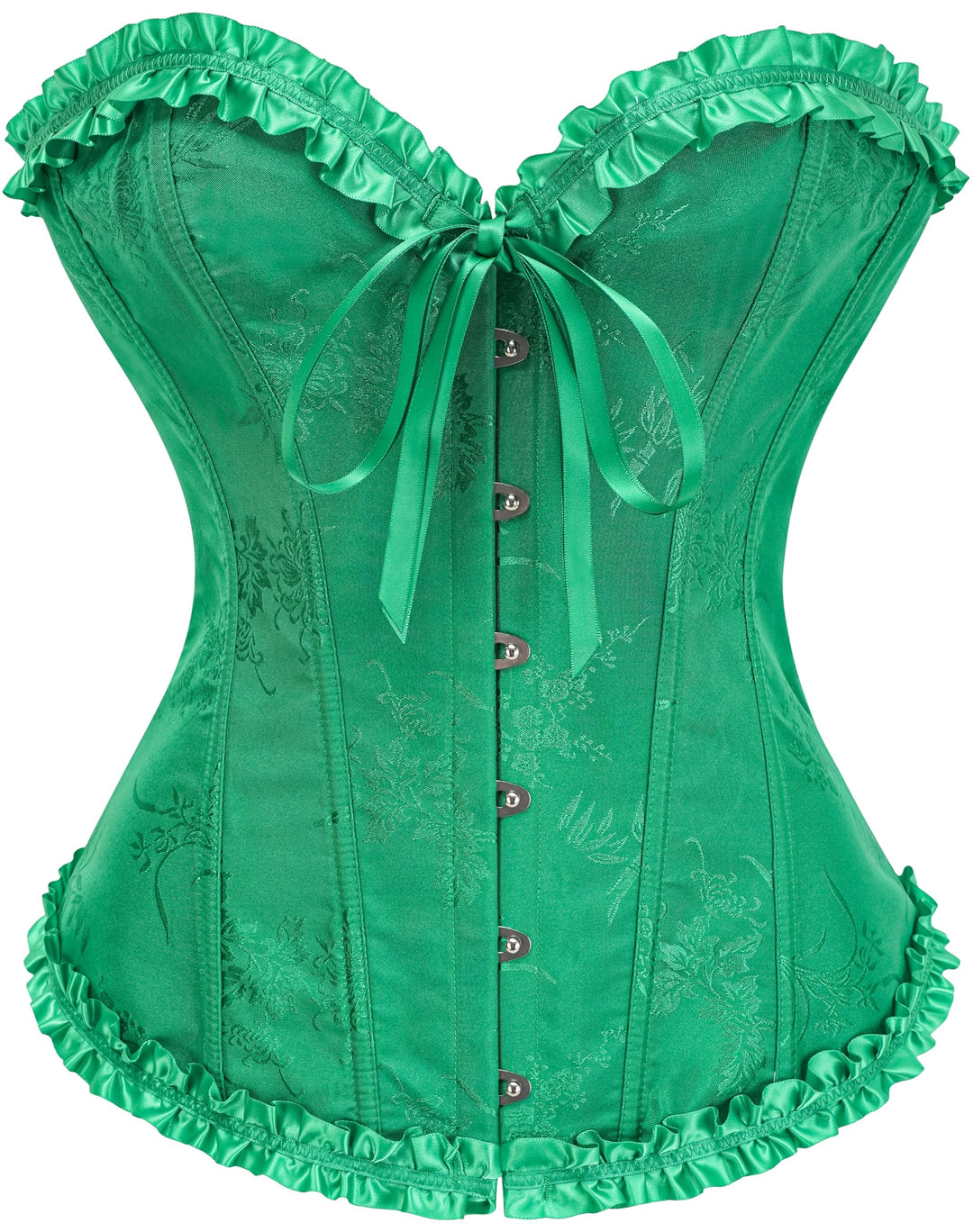 Korsett-Top aus Jacquard, leuchtend grün, Rüschen am Ausschnitt und Saum, Bindeband vorn