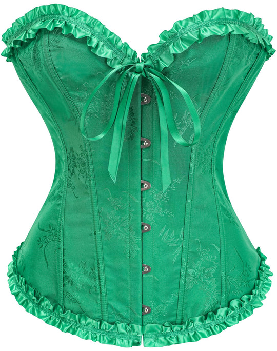 Korsett-Top aus Jacquard, leuchtend grün, Rüschen am Ausschnitt und Saum, Bindeband vorn