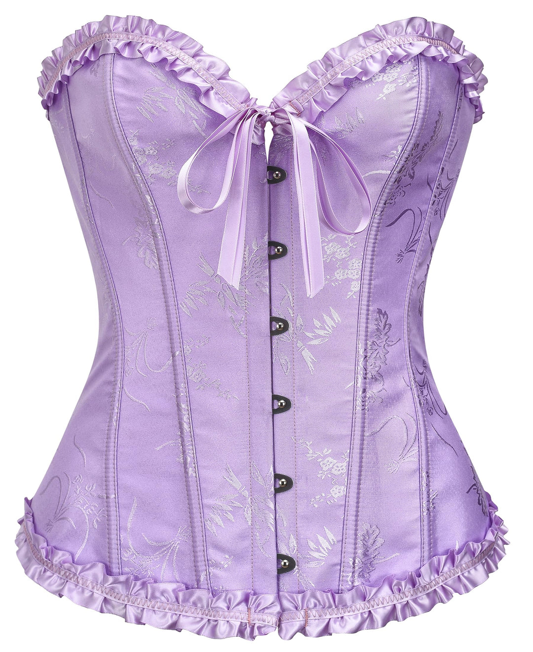 Lavender corset bodysuit with lace-look pattern, front hook-and-eye and ribbon bow