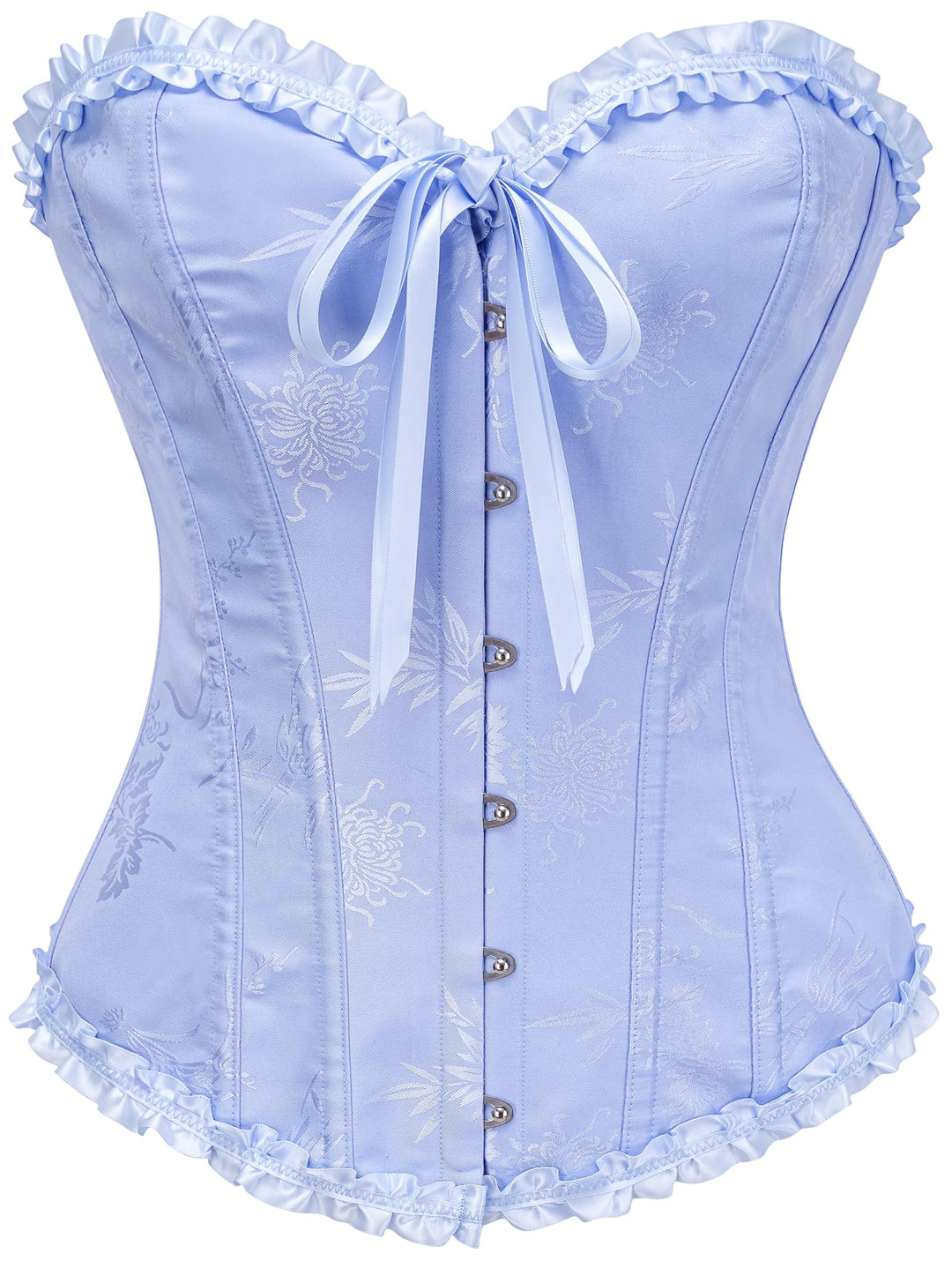 Light blue corset bodysuit with lace-look texture, front hook-and-eye and ribbon ties