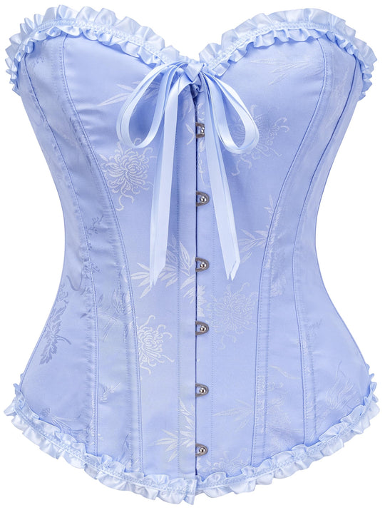Light blue corset bodysuit with lace-look texture, front hook-and-eye and ribbon ties
