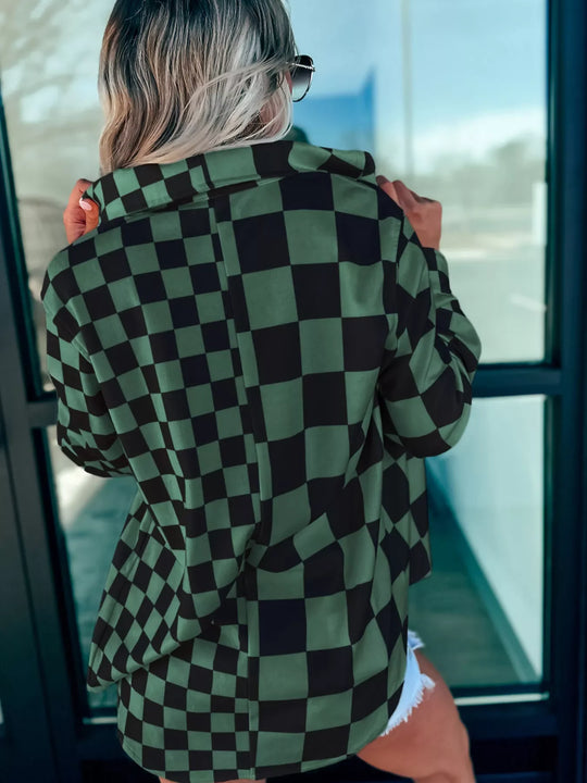 Back of dark green oversized checkered button-up jacket, full check pattern and yoke