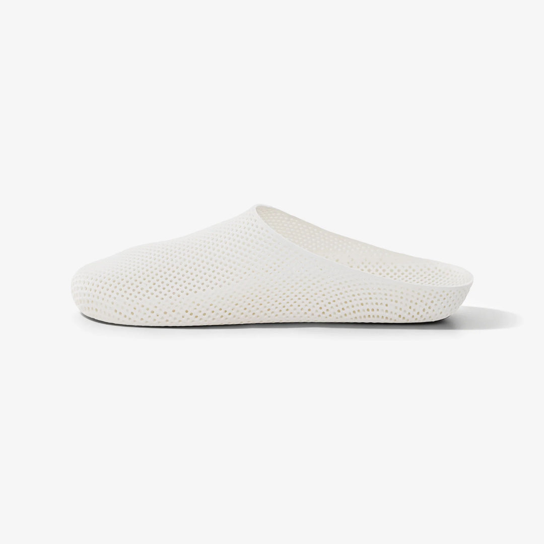 3D printed mesh slippers, white slip-on clog, three-quarter view