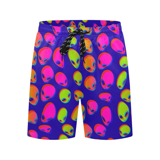 Neon alien blast swim shorts in purple with colorful alien faces, black drawstring