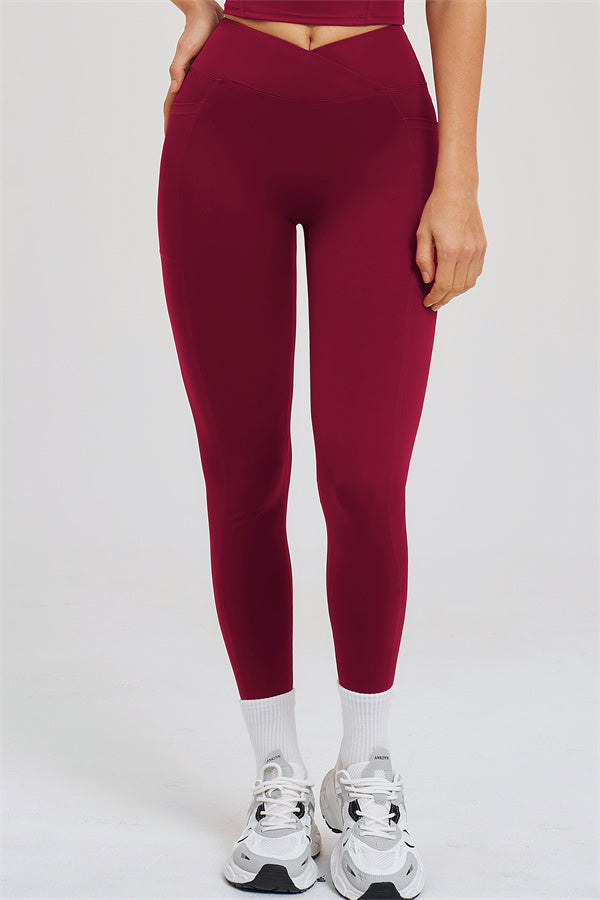 Burgundy high-waist leggings with ankle cuffs