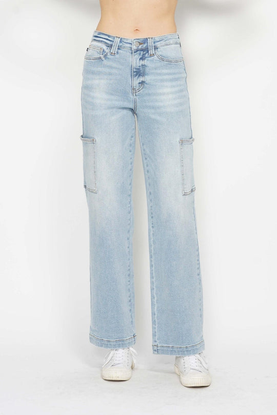 Light wash high-waist straight cargo jeans front view with cargo pockets and button closure