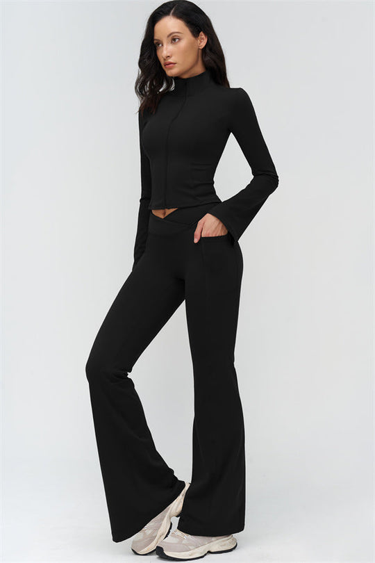 Black cropped zip jacket and flare-leg leggings, athletic 2-piece set (angled front)