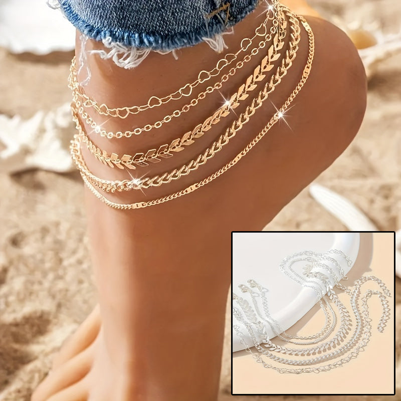 Beach Breeze layered anklet chains in gold with small link and charm detail