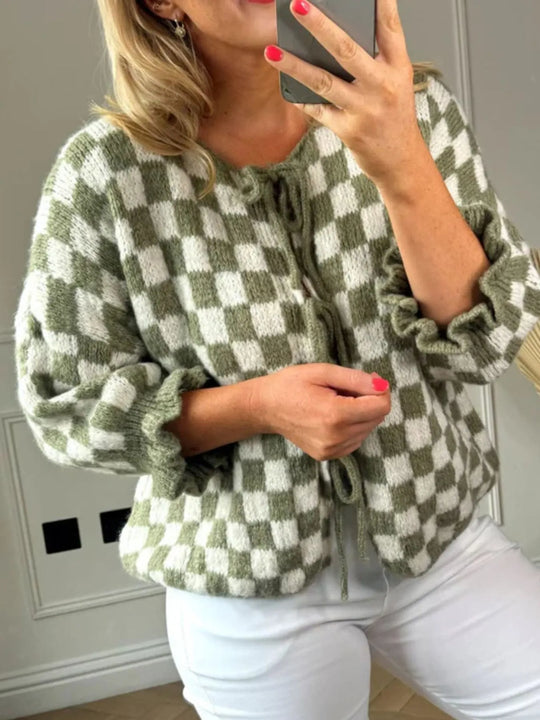 Matcha green checkered tie-front knit cardigan with drawstring neckline and scalloped hem.