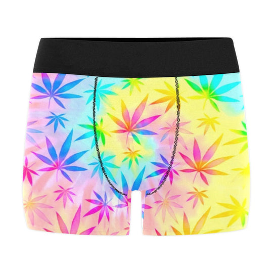Rainbow weed tie-dye boxer briefs laid flat, black waistband and rainbow leaf pattern.