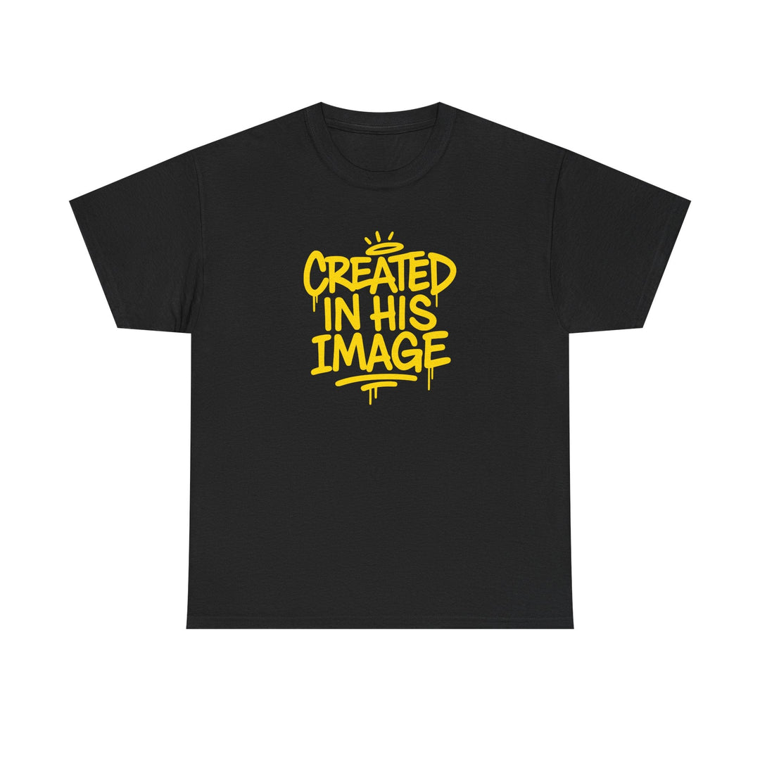 Black T-shirt with “Created In His Image” yellow graphic print
