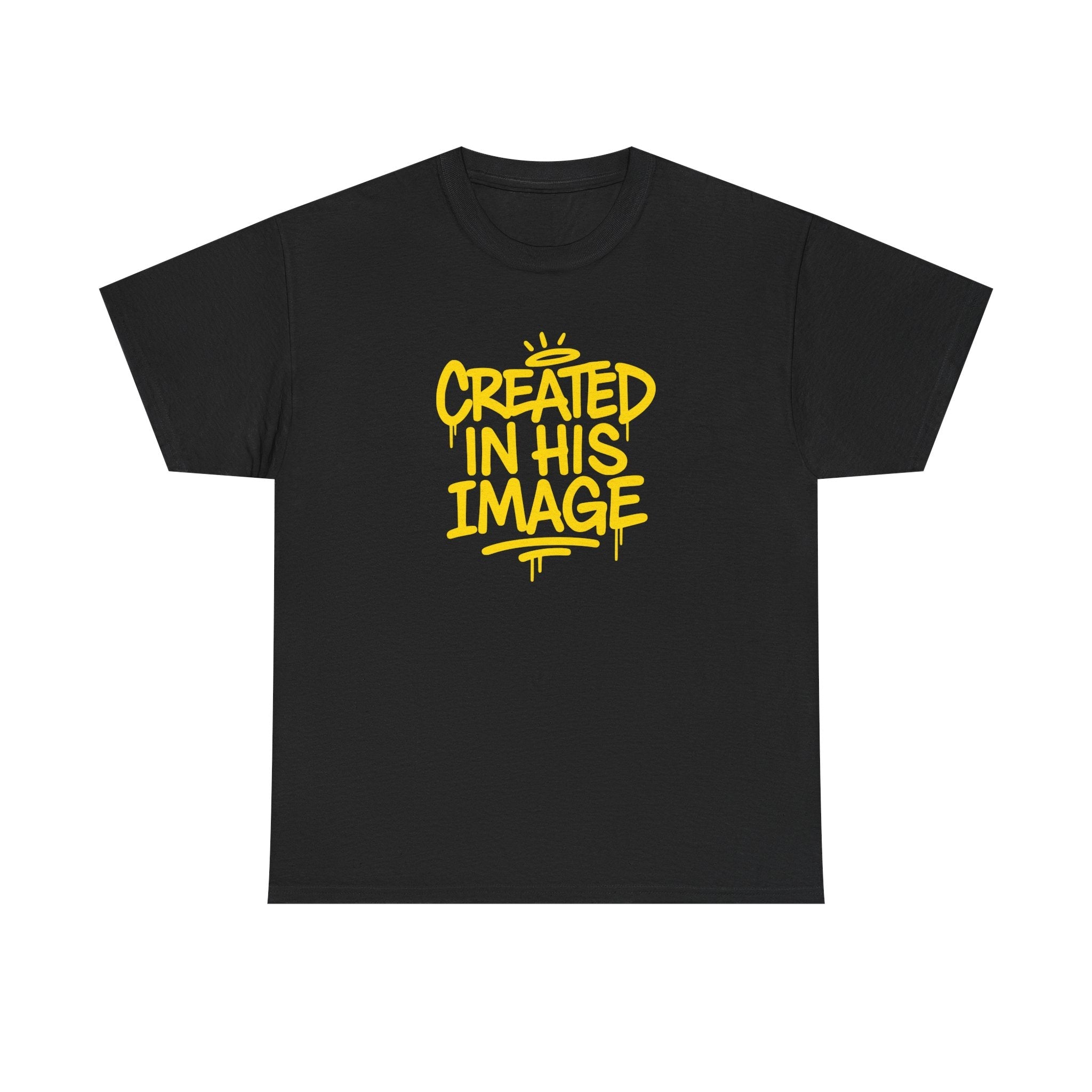 Black T-shirt with “Created In His Image” yellow graphic print