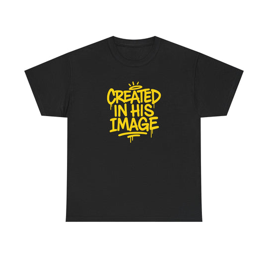 Black T-shirt with “Created In His Image” yellow graphic print
