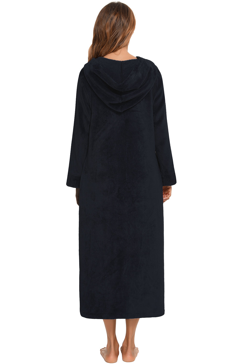 Black hooded night dress, back view, zip front, long sleeves, midi length