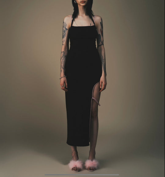 Gao cutout maxi dress, black fitted spaghetti-strap with leg slit and sheer trim