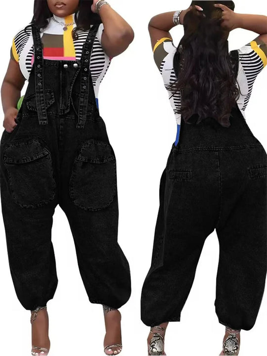 Wmstar black denim cargo jumpsuit, wide-leg fit, front bib with oversized patch pockets